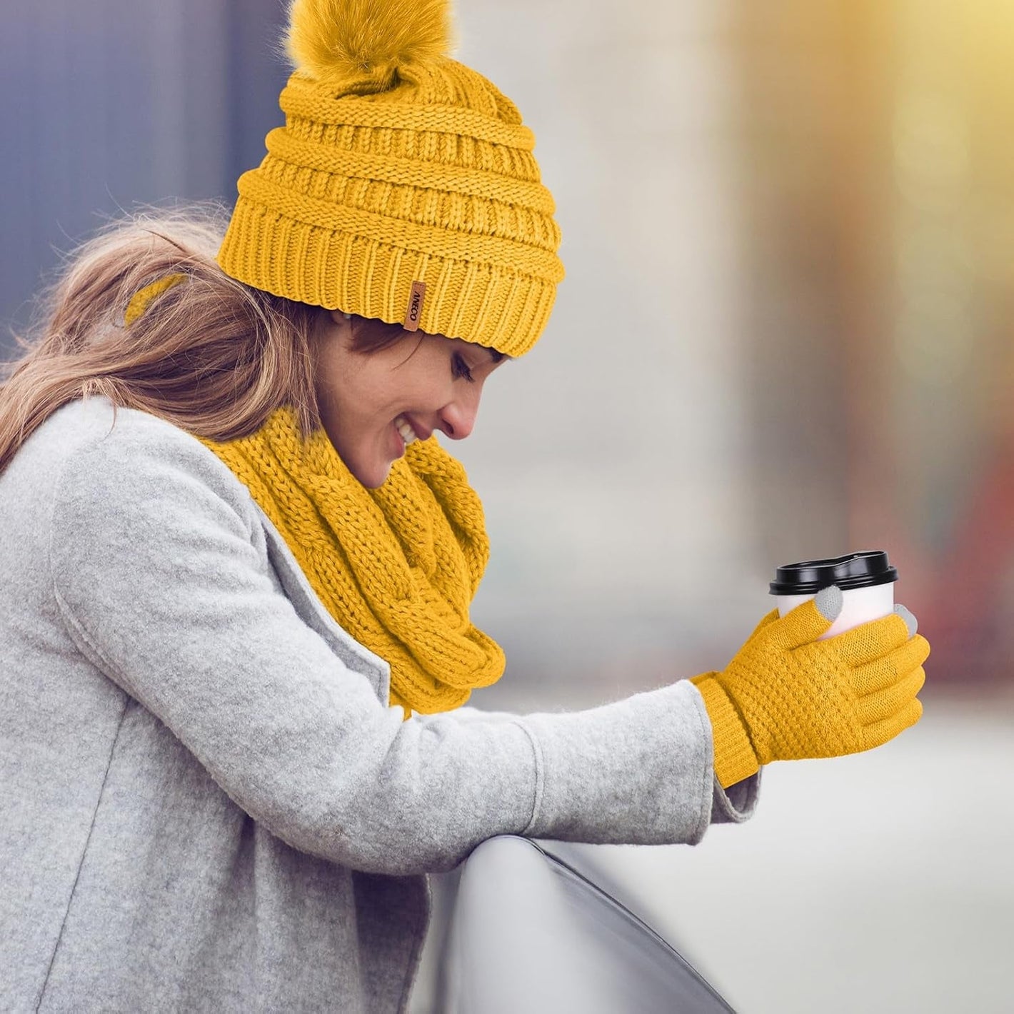 Womens Winter Warm Sets Knitted Fur Pompoms Beanie Hat Circle Loop Scarf Touch Screen Gloves Winter Favor Accessories - ZENOVA